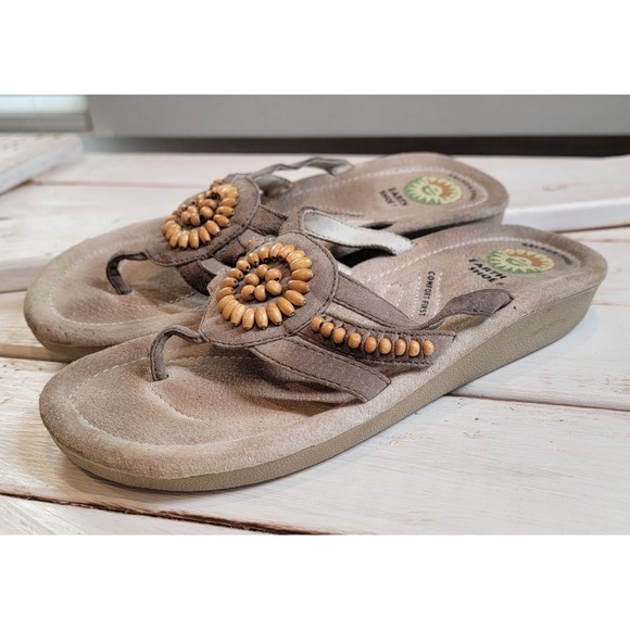 Earth Shoes Cinnamon 6.5 Leather Comfort Sandals Flats Brown Tan Beaded Gelron - Picture 7 of 12